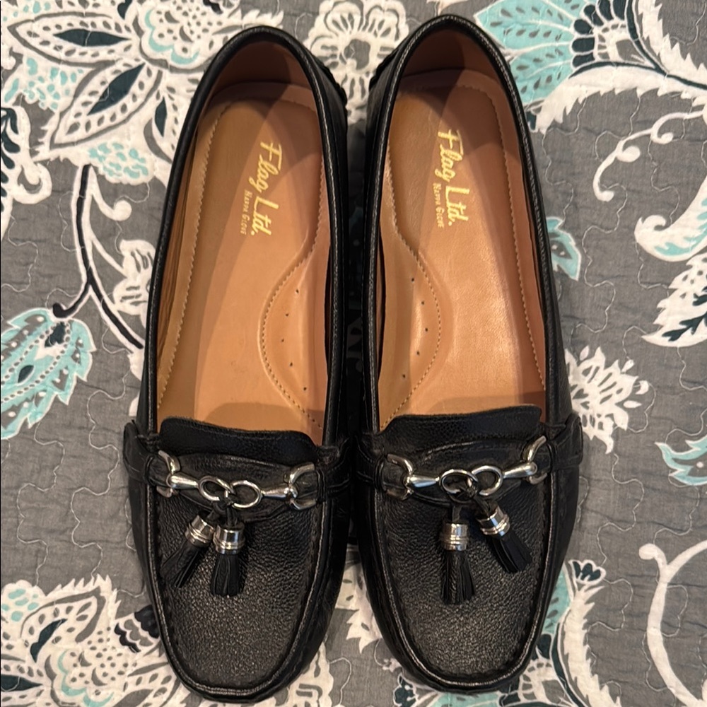 Black and Silver Moccasin Flats with Tassels